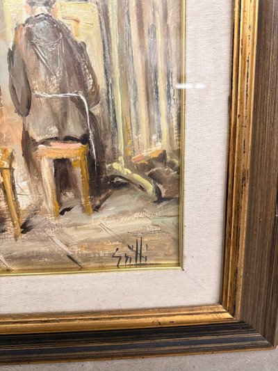 Oil painting on canvas friars artists in studio. Signed Grilli. 20th cent, mis 63x71cm