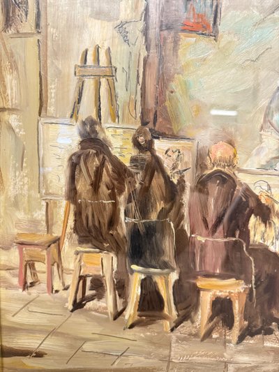 Oil painting on canvas friars artists in studio. Signed Grilli. 20th cent, mis 63x71cm