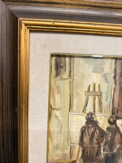 Oil painting on canvas friars artists in studio. Signed Grilli. 20th cent, mis 63x71cm