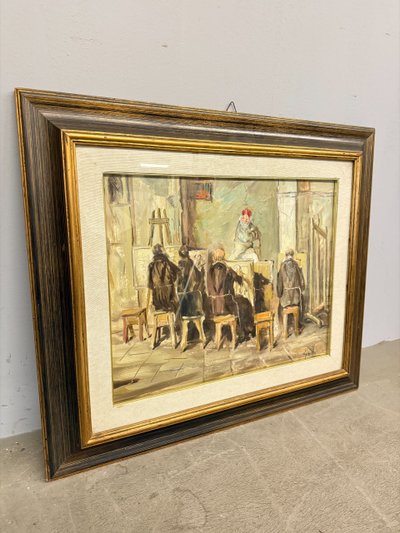 Oil painting on canvas friars artists in studio. Signed Grilli. 20th cent, mis 63x71cm