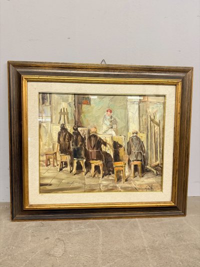 Oil painting on canvas friars artists in studio. Signed Grilli. 20th cent, mis 63x71cm