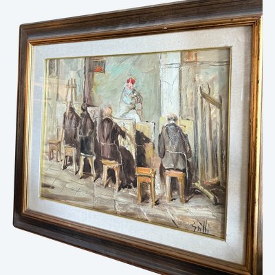 Oil painting on canvas friars artists in studio. Signed Grilli. 20th cent, mis 63x71cm
