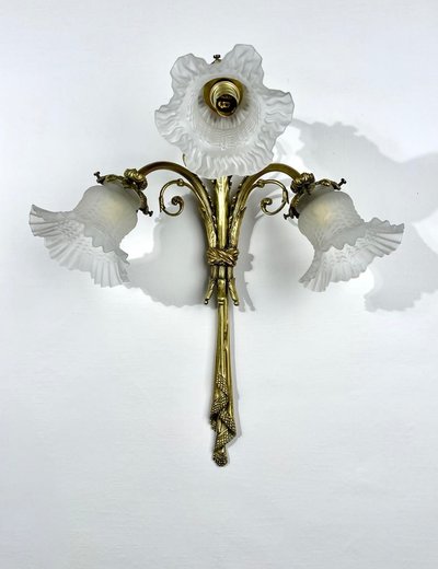 Pair of Bronze and Frosted Glass Tulip Wall Sconces