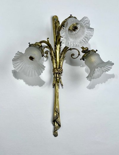 Pair of Bronze and Frosted Glass Tulip Wall Sconces