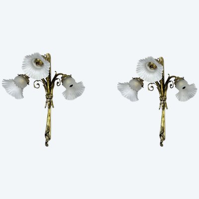 Pair of Bronze and Frosted Glass Tulip Wall Sconces