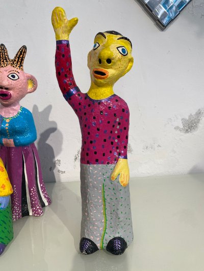 Papier-mâché sculptures "La petite famille" signed by artist Wabé and dated 2003
