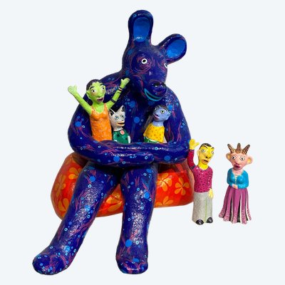 Papier-mâché sculptures "La petite famille" signed by artist Wabé and dated 2003