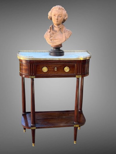 18th CENTURY LOUIS XVI CONSOLE / HALF MOON DESSERTE IN JEWELRY WITH MARBLE BASE