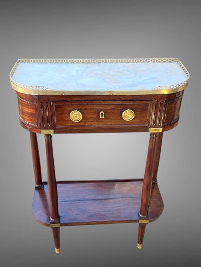 18th CENTURY LOUIS XVI CONSOLE / HALF MOON DESSERTE IN JEWELRY WITH MARBLE BASE