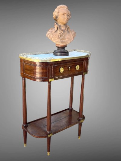 18th CENTURY LOUIS XVI CONSOLE / HALF MOON DESSERTE IN JEWELRY WITH MARBLE BASE