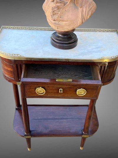 18th CENTURY LOUIS XVI CONSOLE / HALF MOON DESSERTE IN JEWELRY WITH MARBLE BASE