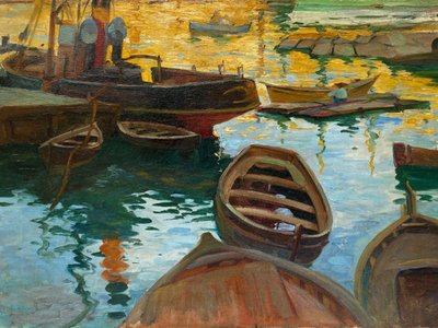 Olio su tela firmato Denys o Lenys H. Bacino di carenaggio del porto di Marsiglia