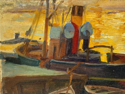 Olio su tela firmato Denys o Lenys H. Bacino di carenaggio del porto di Marsiglia