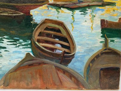 Olio su tela firmato Denys o Lenys H. Bacino di carenaggio del porto di Marsiglia