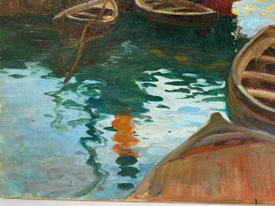 Olio su tela firmato Denys o Lenys H. Bacino di carenaggio del porto di Marsiglia