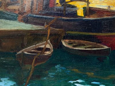 Olio su tela firmato Denys o Lenys H. Bacino di carenaggio del porto di Marsiglia