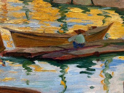 Olio su tela firmato Denys o Lenys H. Bacino di carenaggio del porto di Marsiglia
