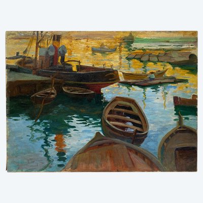 Olio su tela firmato Denys o Lenys H. Bacino di carenaggio del porto di Marsiglia