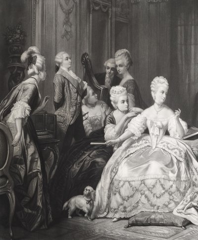 Marie-antoinette And Gluck At Trianon Large Antique Engraving 19th Century Etching Old Print