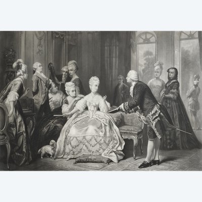 Marie-antoinette And Gluck At Trianon Large Antique Engraving 19th Century Etching Old Print