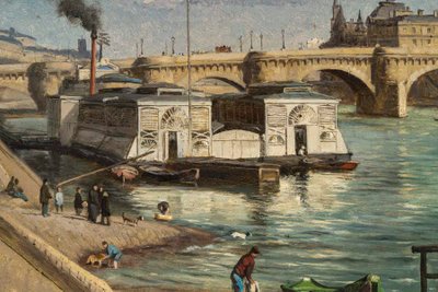 Romain Etienne Gabriel Prieur (1806-1873) Bateaux Lavoirs près du Pont-Neuf Paris olio su tavola
