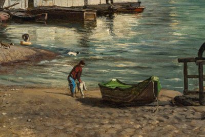 Romain Etienne Gabriel Prieur (1806-1873) Bateaux Lavoirs près du Pont-Neuf Paris olio su tavola