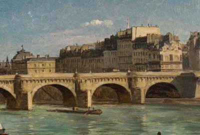 Romain Etienne Gabriel Prieur (1806-1873) Bateaux Lavoirs près du Pont-Neuf Paris olio su tavola