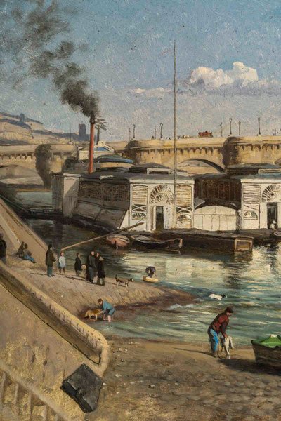 Romain Etienne Gabriel Prieur (1806-1873) Bateaux Lavoirs près du Pont-Neuf Paris olio su tavola