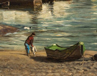 Romain Etienne Gabriel Prieur (1806-1873) Bateaux Lavoirs près du Pont-Neuf Paris olio su tavola