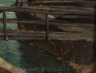 Romain Etienne Gabriel Prieur (1806-1873) Bateaux Lavoirs près du Pont-Neuf Paris olio su tavola