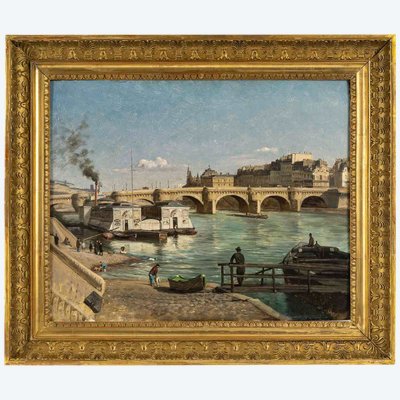 Romain Etienne Gabriel Prieur (1806-1873) Bateaux Lavoirs près du Pont-Neuf Paris olio su tavola
