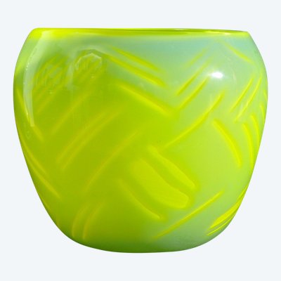 Vase En Verre Soufflé Signé Claude Morin Circa 1980