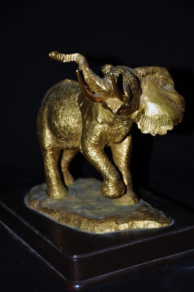 Bronze elephant on wooden base 20th century signed
