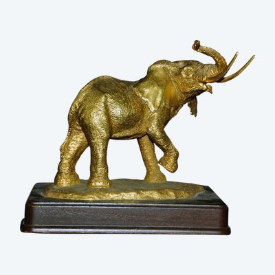 Bronze elephant on wooden base 20th century signed