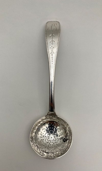 18th century silver sprinkling spoon, Farmers General hallmarks