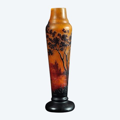 Vase Multicouche Art Nouveau Pâte De Verre Lacustre Paysage Décor Signé Daum Nancy