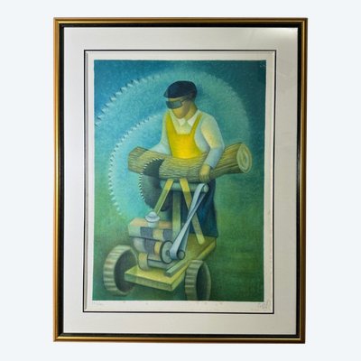 Lithograph countersigned by Louis Toffoli the wood sawyer 20th century