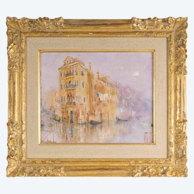 Serge Belloni (1925-2005), Kanal von Venedig im Nebel, Öl auf Holz, Um 1970