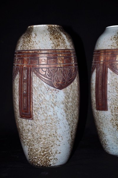 Paire De Vases Ovoïdes Signés Legras Art Déco Pâte De Verre Marmoréenne Circa 1930