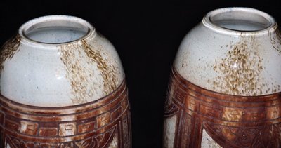 Paire De Vases Ovoïdes Signés Legras Art Déco Pâte De Verre Marmoréenne Circa 1930