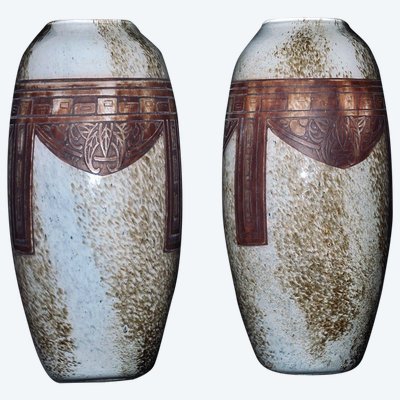 Paire De Vases Ovoïdes Signés Legras Art Déco Pâte De Verre Marmoréenne Circa 1930