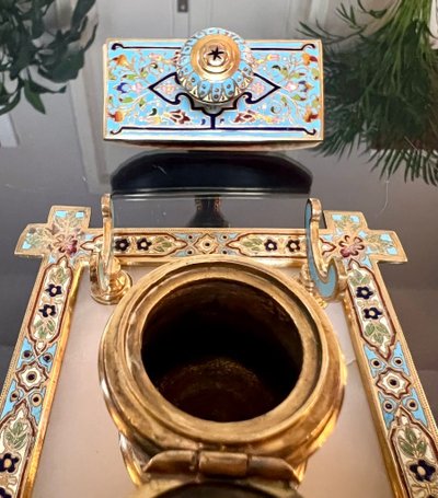Inkwell, Pen Holder and Blotting Pad - Bronze with Cloisonné Enamels - Onyx Stone