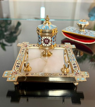 Inkwell, Pen Holder and Blotting Pad - Bronze with Cloisonné Enamels - Onyx Stone
