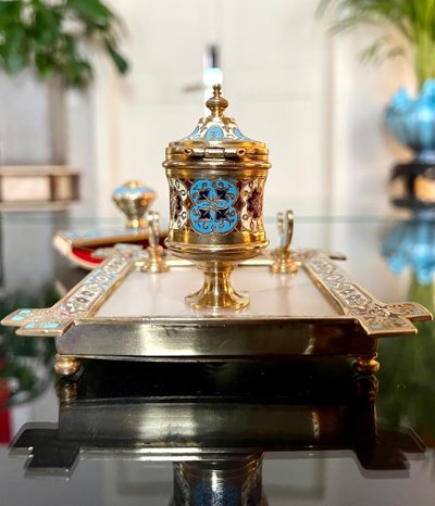 Inkwell, Pen Holder and Blotting Pad - Bronze with Cloisonné Enamels - Onyx Stone