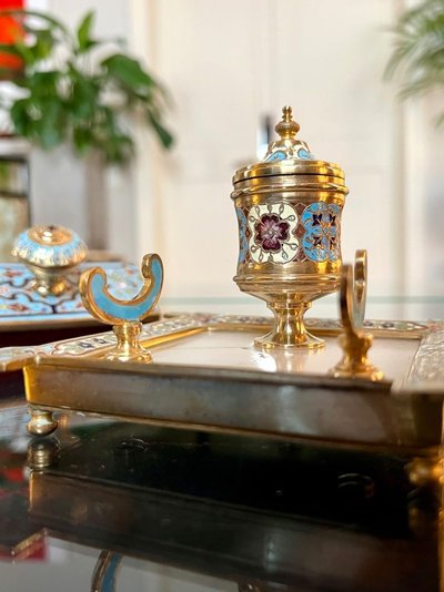 Inkwell, Pen Holder and Blotting Pad - Bronze with Cloisonné Enamels - Onyx Stone