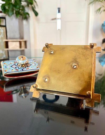 Inkwell, Pen Holder and Blotting Pad - Bronze with Cloisonné Enamels - Onyx Stone