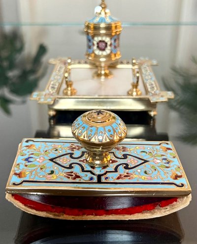 Inkwell, Pen Holder and Blotting Pad - Bronze with Cloisonné Enamels - Onyx Stone