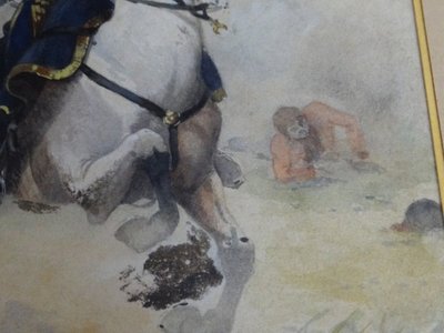 Tableau aquarelle hussard de la guerre 1870 par Charles Gare à identifier 1908