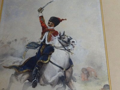 Tableau aquarelle hussard de la guerre 1870 par Charles Gare à identifier 1908