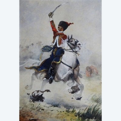 Tableau aquarelle hussard de la guerre 1870 par Charles Gare à identifier 1908
